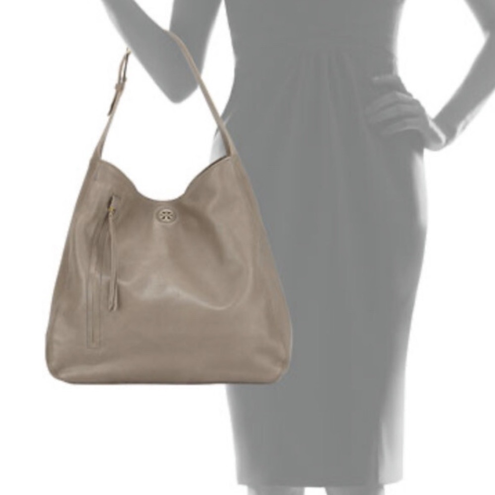 Tory Burch grey Pebbled Leather Hobo Tote Shoulder Bag Handbag Gold Hardware